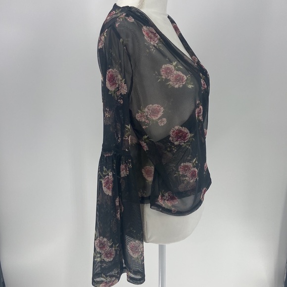 Bongo sheer romantic roses faux wrap blouse Gothic wide bell sleeve large - Picture 7 of 16